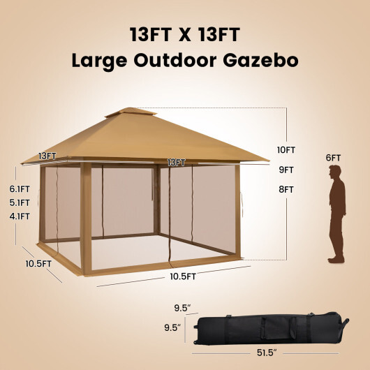 13 x 13 Feet Pop-up Instant Canopy Tent with Mesh Sidewall-Coffee - Color: Coffee - Image 5