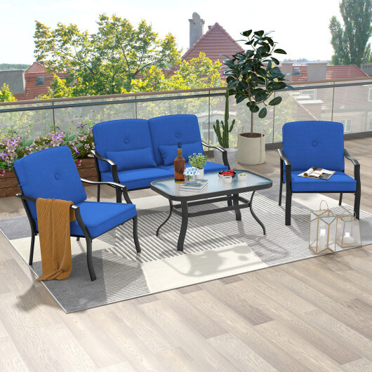 2 Pieces Patio Metal Chairs with Seat and Back Cushions for Yard-Navy - Color: Navy - Image 3