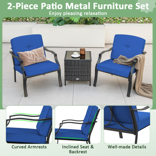 2 Pieces Patio Metal Chairs with Seat and Back Cushions for Yard-Navy - Color: Navy - Image 5