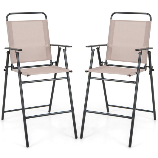 Set of 2 Patio Folding Bar-Height Chairs with Armrests and Quick-Drying Seat-Beige - Color: Beige