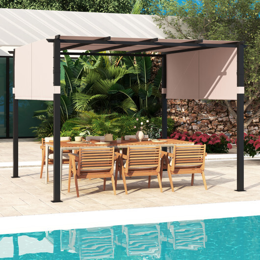 10 x 10 ft Flat Top Pergola with Retractable Canopy for Garden Pool Porch and Backyard-Beige - Color: Beige - Image 3