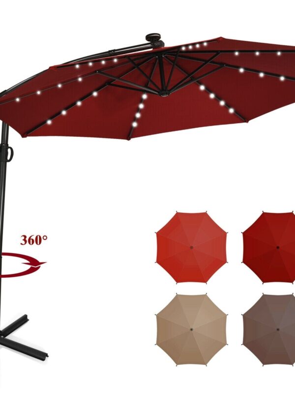10 ft 360?&deg; Rotation Solar Powered LED Patio Offset Umbrella without Weight Base-Dark Red - Color: Dark Red - Size: 10 ft