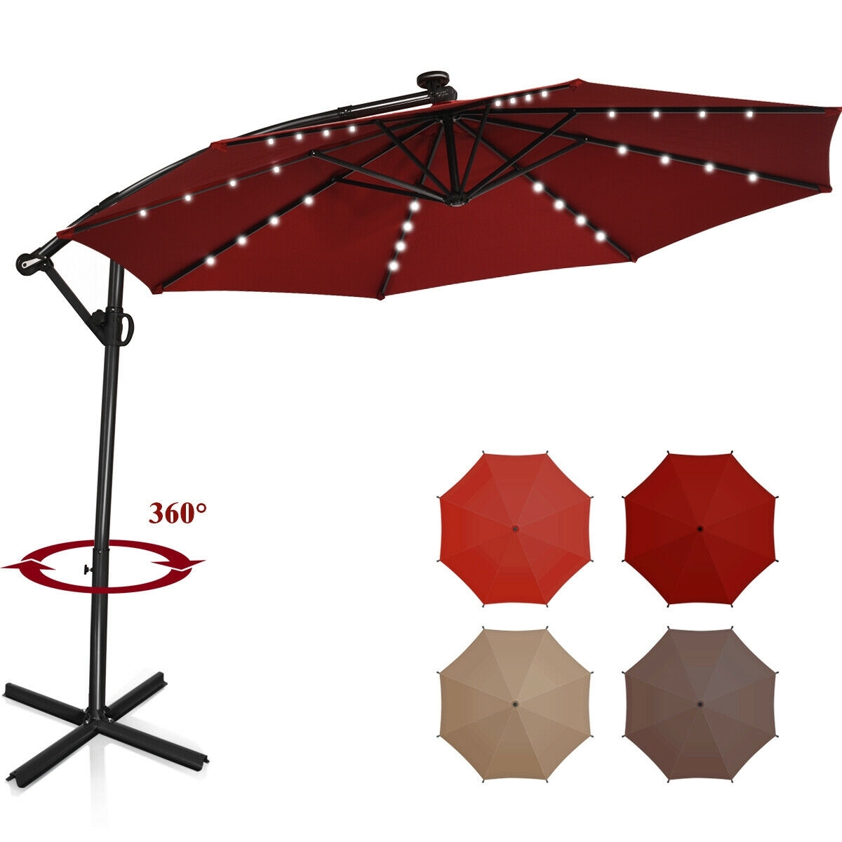 10 ft 360?° Rotation Solar Powered LED Patio Offset Umbrella without Weight Base-Dark Red - Color: Dark Red - Size: 10 ft