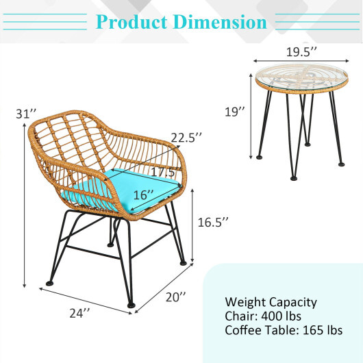 3 Pieces Rattan Furniture Set with Cushioned Chair Table-Turquoise - Color: Turquoise - Image 4
