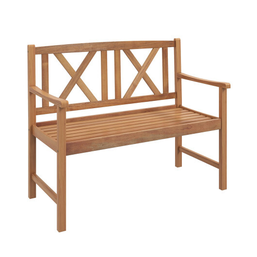 2-Person Wood Outdoor Bench with Cozy Armrest and Backrest - Color: Brown