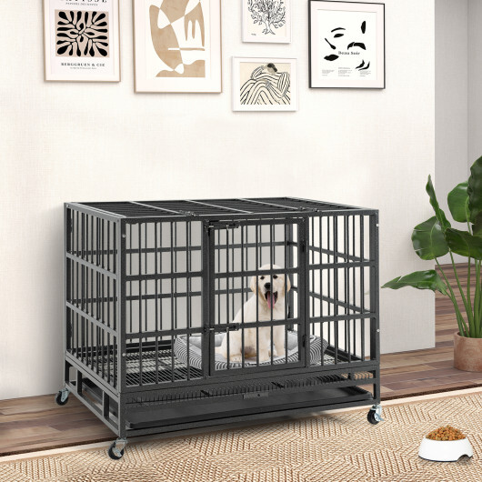 38 Inch Foldable Heavy-Duty Metal Dog Cage with Lockable Rolling Casters and Tray-38 inches - Color: Black - Size: 38 inches - Image 3