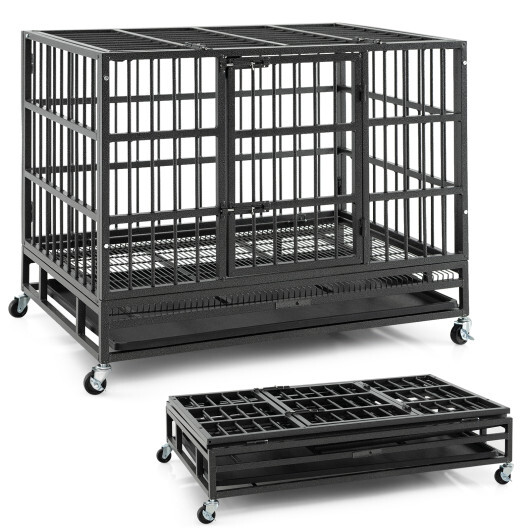 38 Inch Foldable Heavy-Duty Metal Dog Cage with Lockable Rolling Casters and Tray-38 inches - Color: Black - Size: 38 inches - Image 4