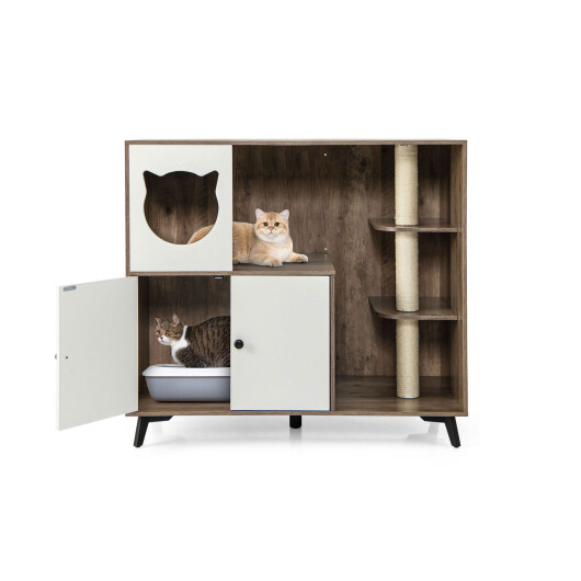 Cat Litter Box Enclosure with 3 Sisal Scratching Posts for Indoor Cats-Natural - Color: Natural