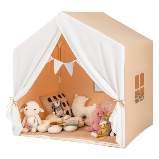 Kid's Play Tent with Washable Cotton Mat and Flag Banner-Orange - Color: Orange