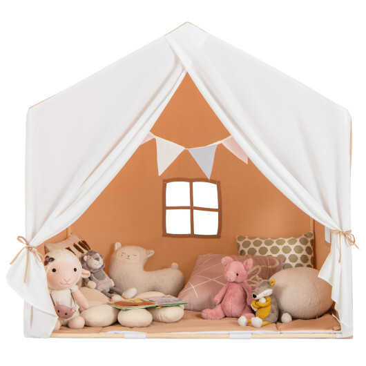 Kid's Play Tent with Washable Cotton Mat and Flag Banner-Orange - Color: Orange - Image 4