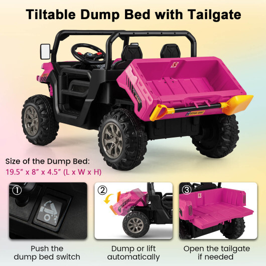 2-Seater Kids Ride On Dump Truck with Dump Bed and Shovel-Pink - Color: Pink - Image 5