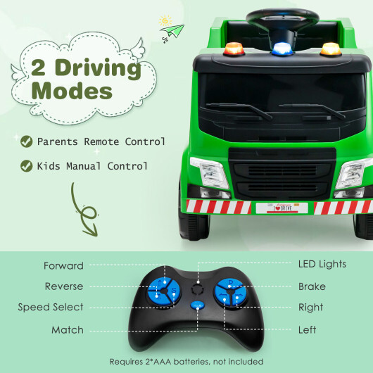 12V Kids Ride-on Garbage Truck with Warning Lights and 6 Recycling Accessories-Green - Color: Green - Image 5
