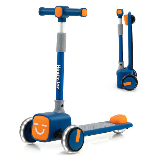 Folding Adjustable Kids Toy Scooter with LED Flashing Wheels Horn 4 Emoji Covers-Blue - Color: Blue