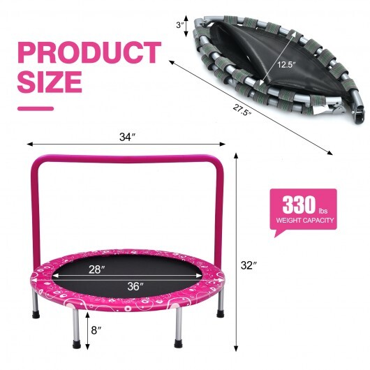 36 Inch Kids Trampoline Mini Rebounder with Full Covered Handrail-Pink - Color: Pink - Image 4