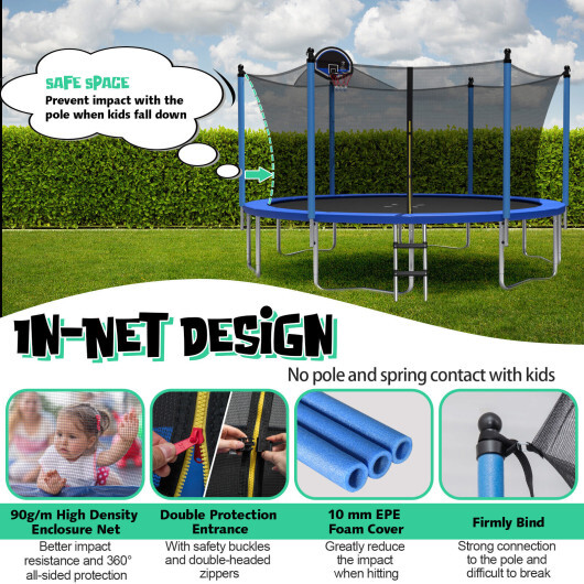 Outdoor Recreational Trampoline with Ladder and Enclosure Net-14 ft - Color: Black - Size: 14 ft - Image 5
