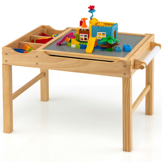 Kids Multi Activity Play Table Wooden Building Block Desk with Storage Paper Roll-Natural - Color: Natural